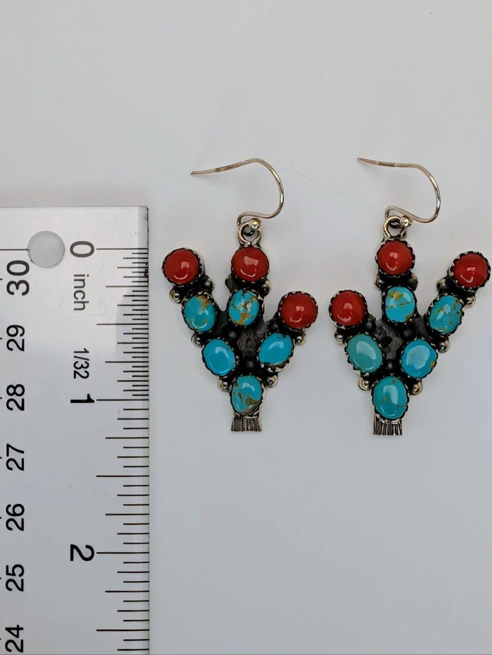 Kingman Turquoise & Coral S925 Sterling Silver Cactus Dangle Earrings